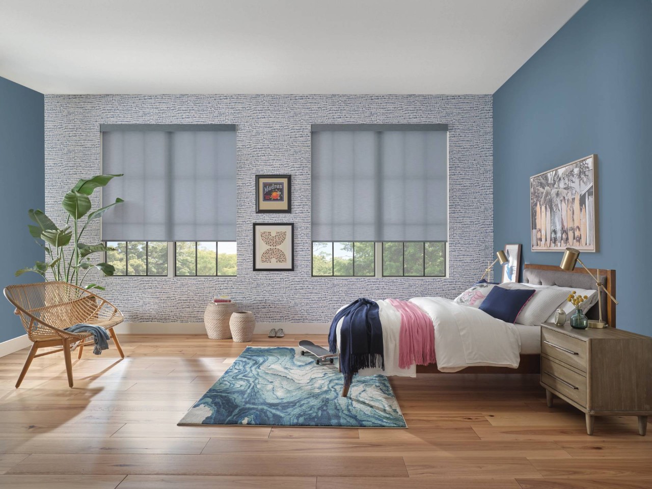 Hunter Douglas roller shades in a teenager’s bedroom near La Quinta, CA