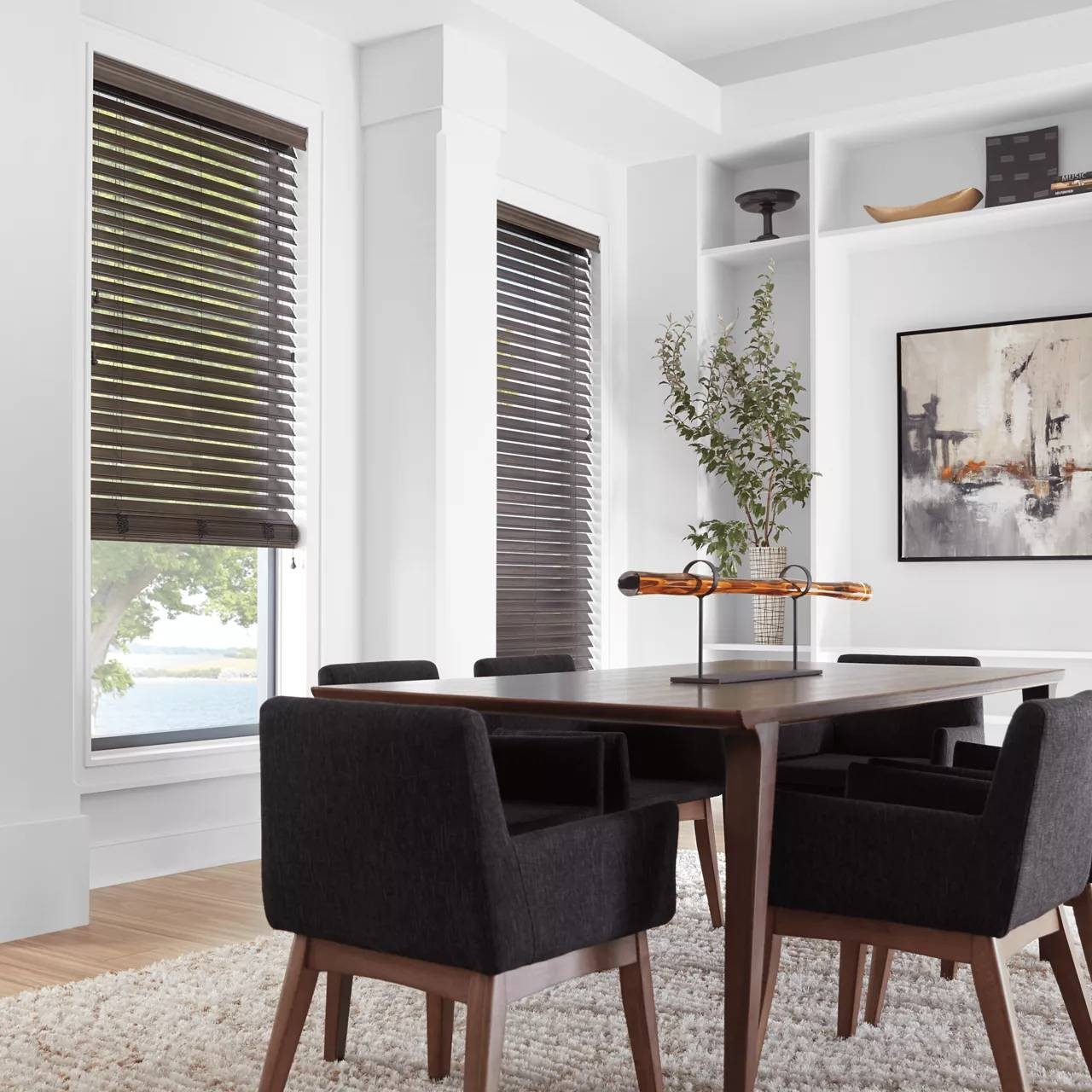 Everwood® Faux Wood Blinds in a well-lit kitchen near La Quinta, CA